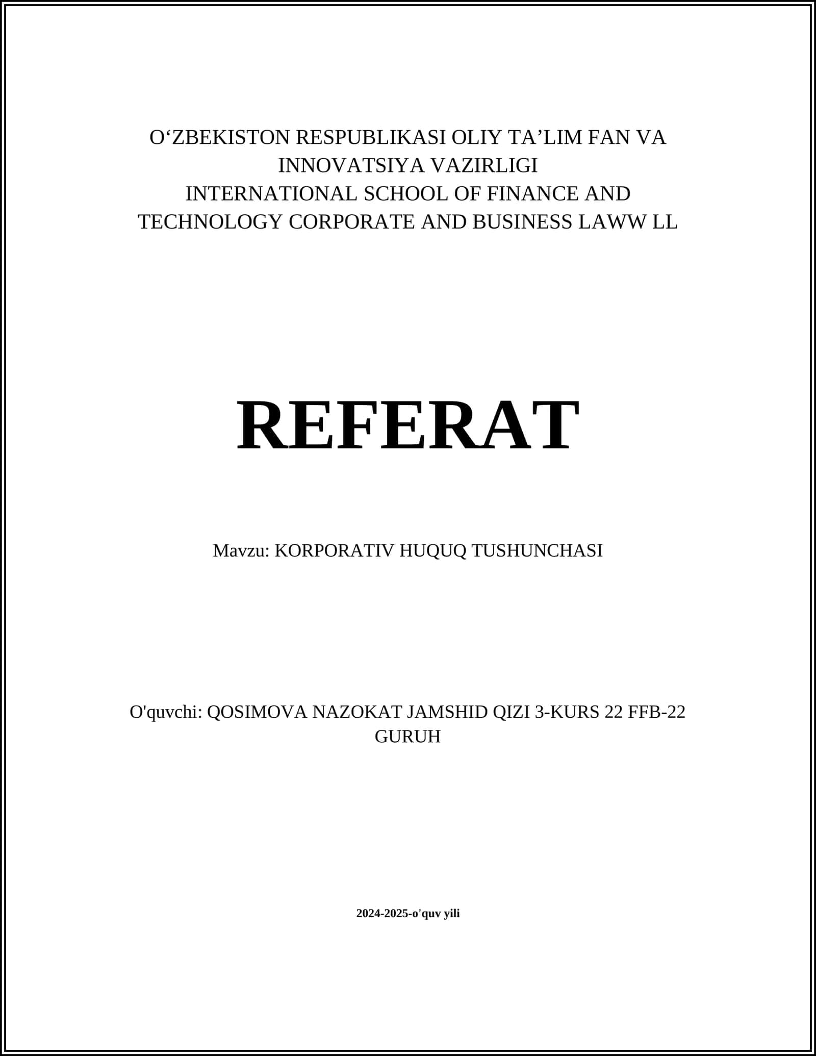 KORPORATIV HUQUQ TUSHUNCHASI