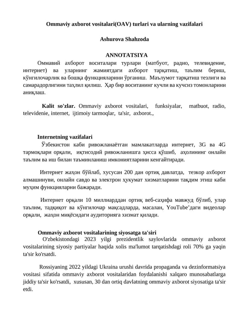 Ommaviy axborot vositalari(OAV) turlari va ularning vazifalari