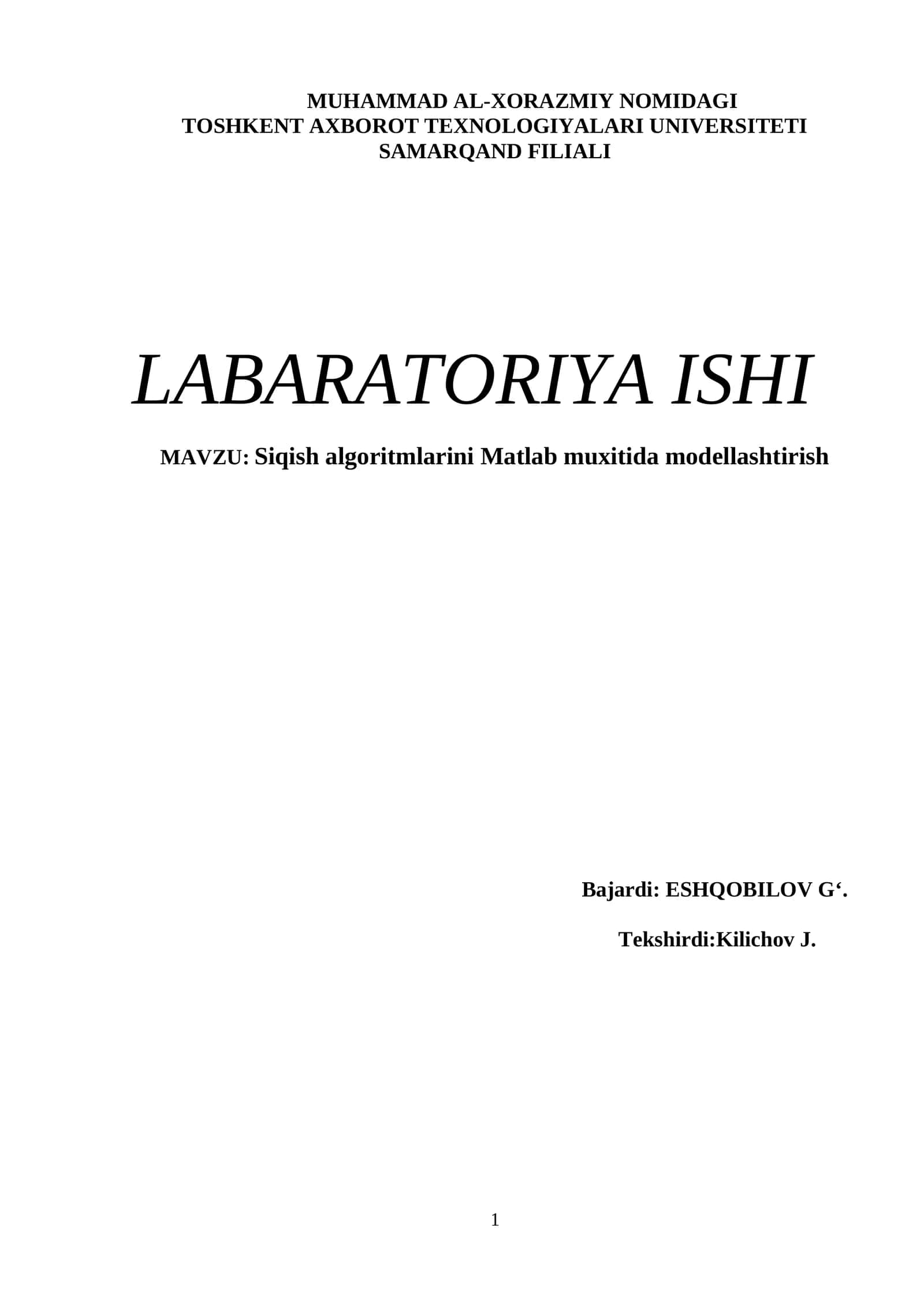 Siqish algoritmlarini Matlab muxitida modellashtirish