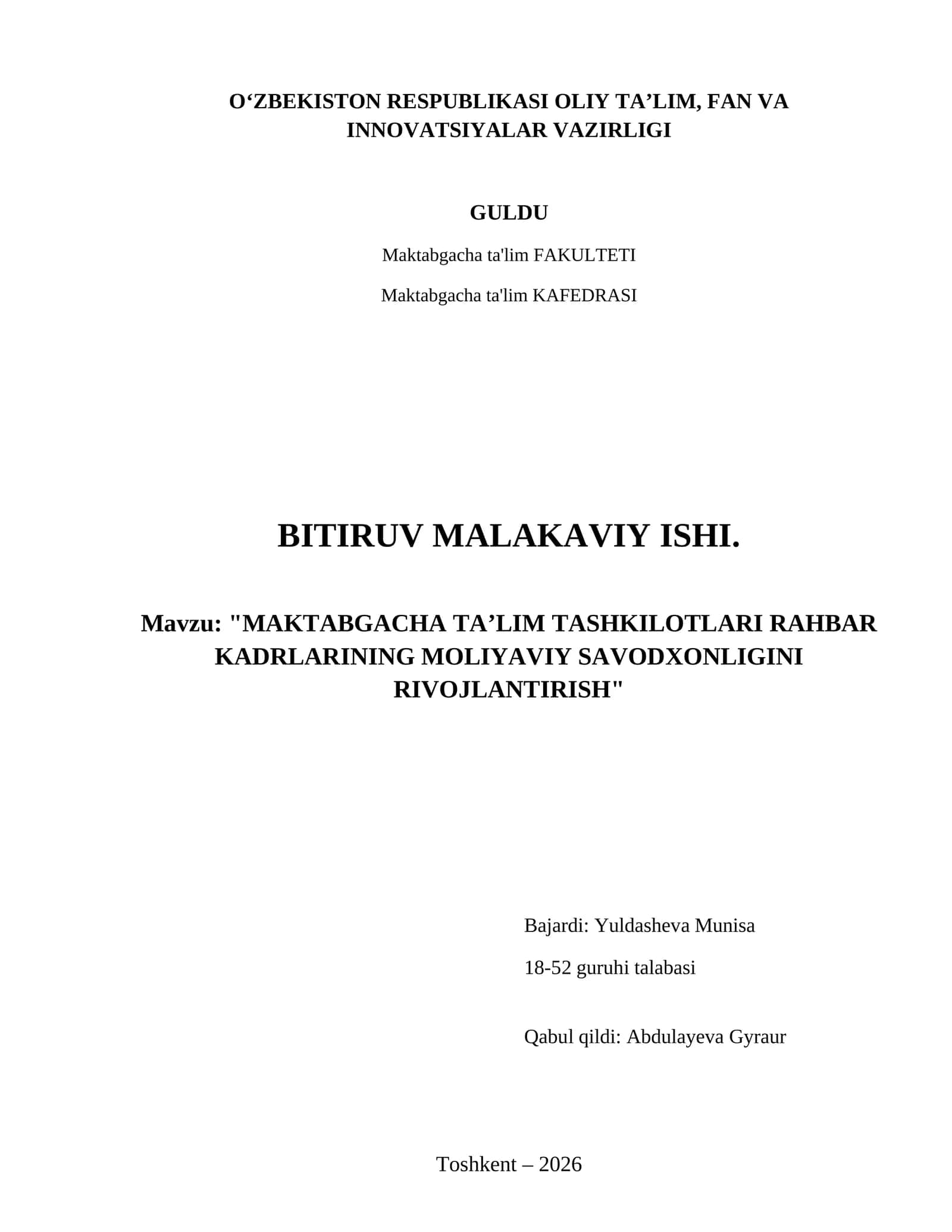Maktabgacha ta’lim tashkilotlari rahbar kadrlarining moliyaviy savodxonligini rivojlantirish