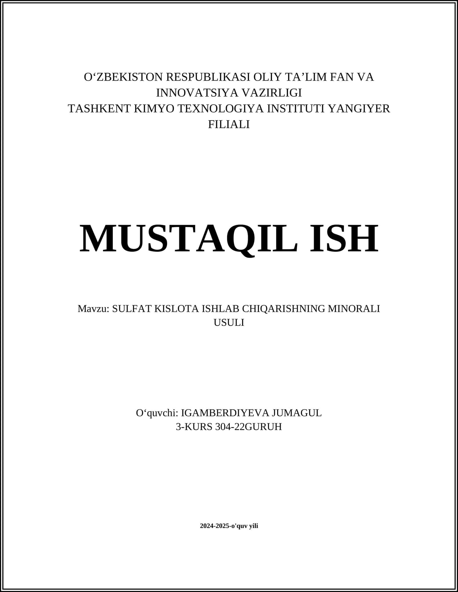 SULFAT KISLOTA ISHLAB CHIQARISHNING MINORALI USULI
