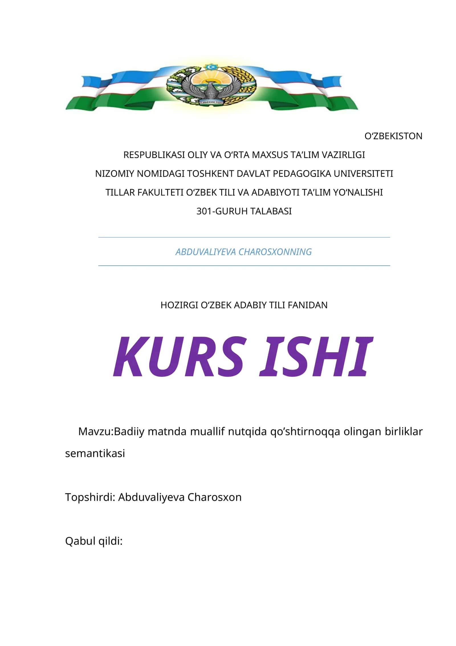 Badiiy matnda muallif nutqida qo’shtirnoqqa olingan birliklar semantikasi