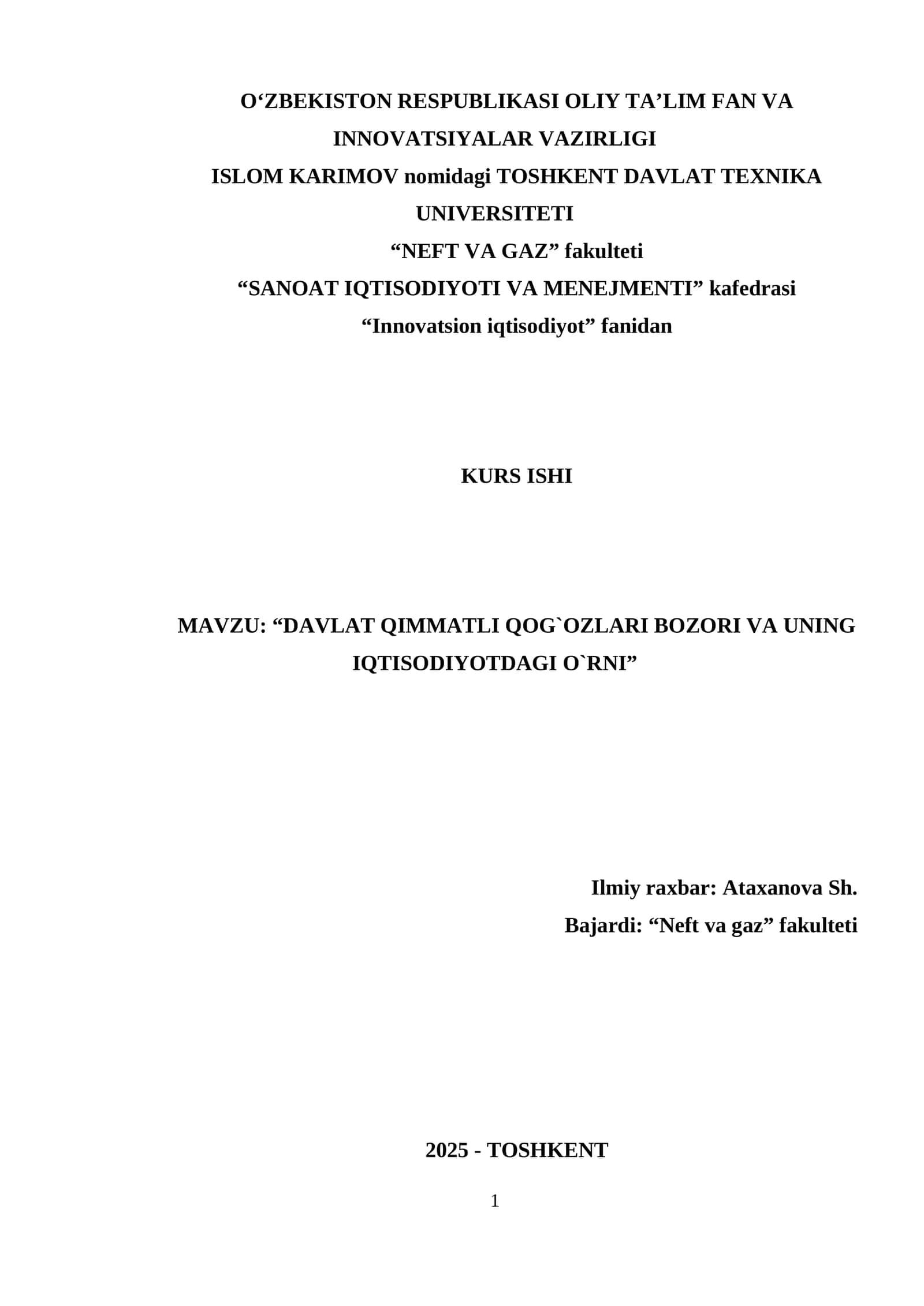 DAVLAT QIMMATLI QOG`OZLARI BOZORI VA UNING IQTISODIYOTDAGI O`RNI