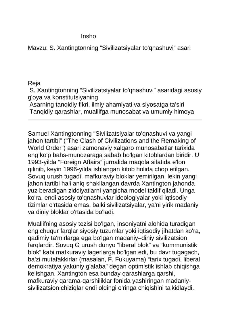 S. Xantingtonning “Sivilizatsiyalar to'qnashuvi” asari