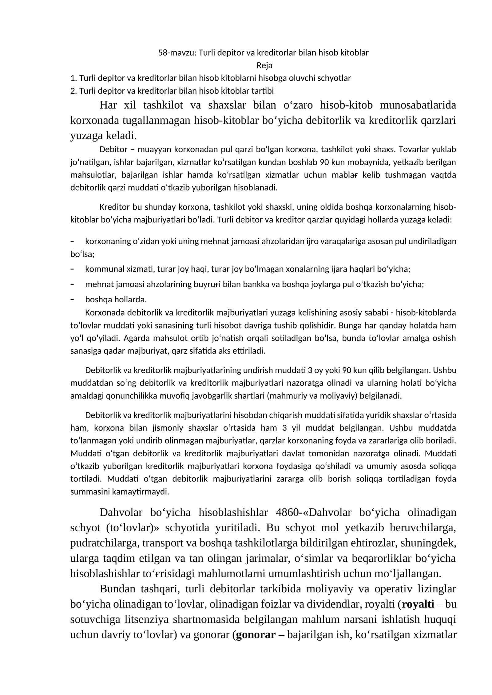 Turli depitor va kreditorlar bilan hisob kitoblar