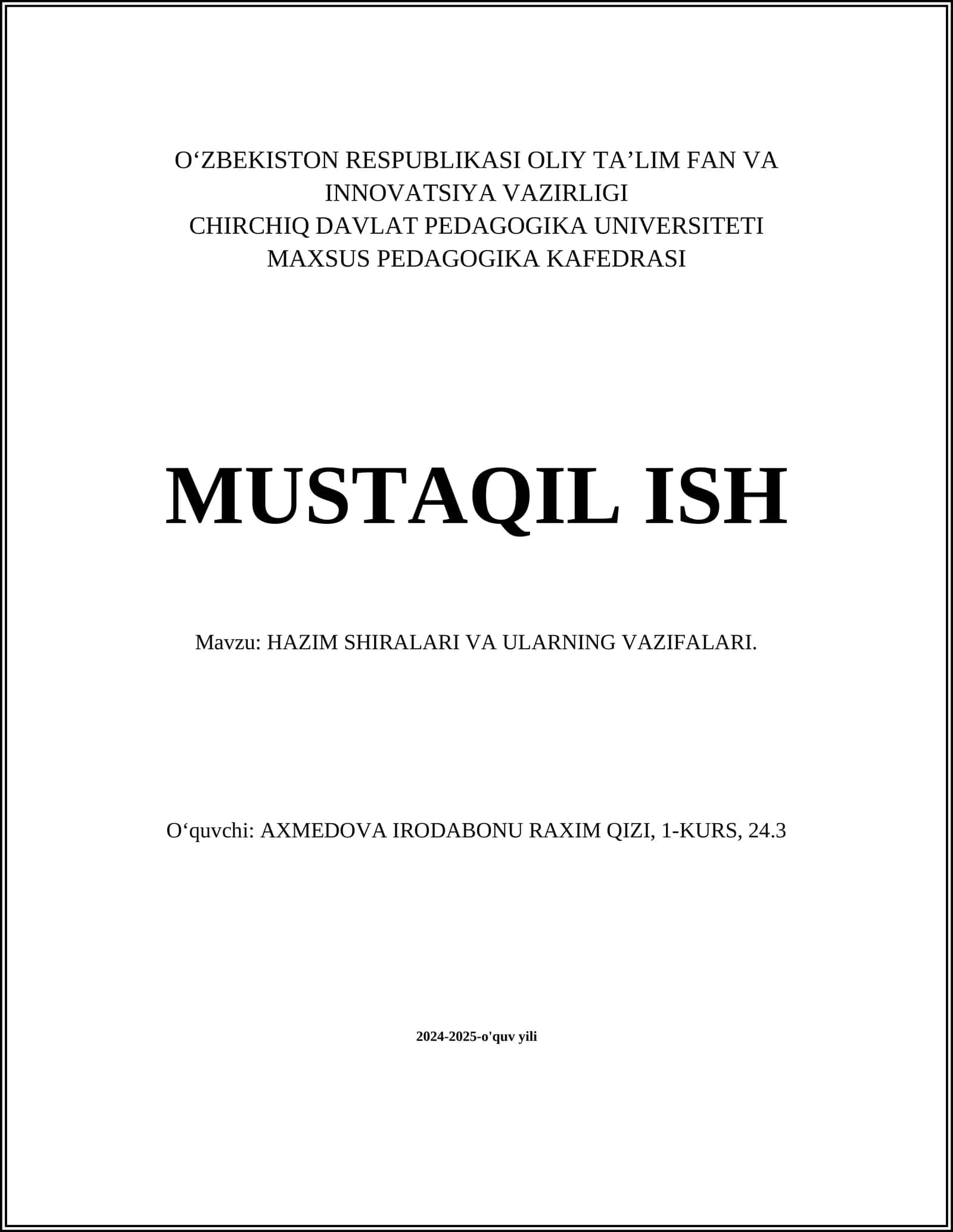 HAZIM SHIRALARI VA ULARNING VAZIFALARI