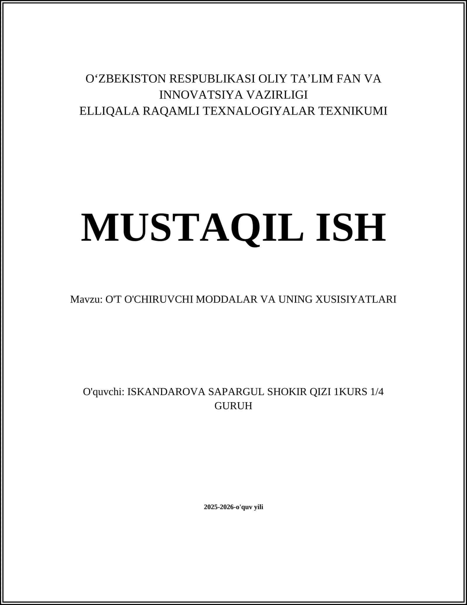 O'T O'CHIRUVCHI MODDALAR VA UNING XUSISIYATLARI