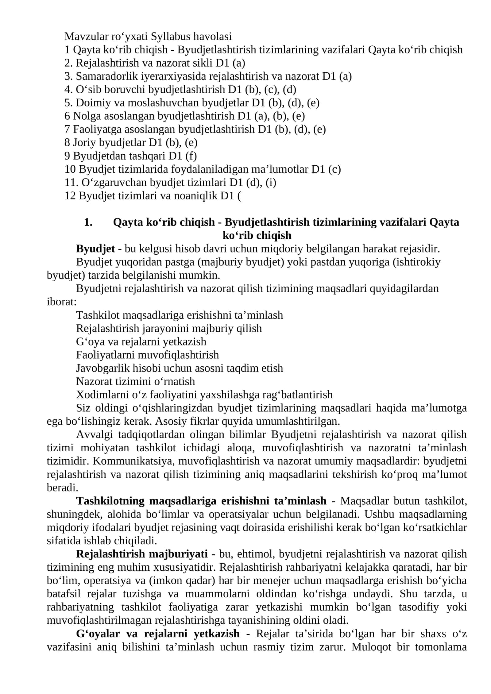 Qayta ko‘rib chiqish - Byudjetlashtirish tizimlarining vazifalari