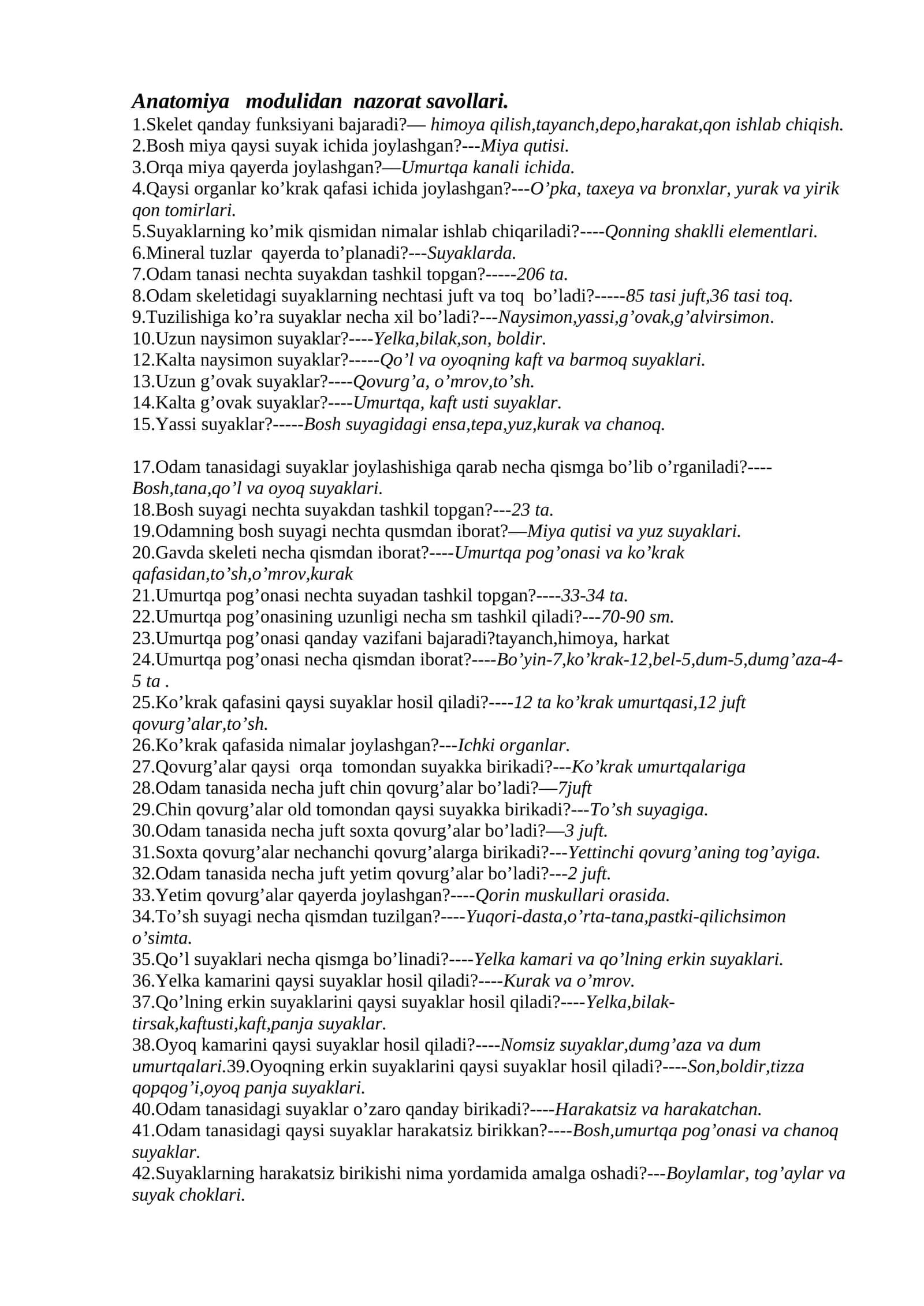 Anatomiya modulidan nazorat savollari