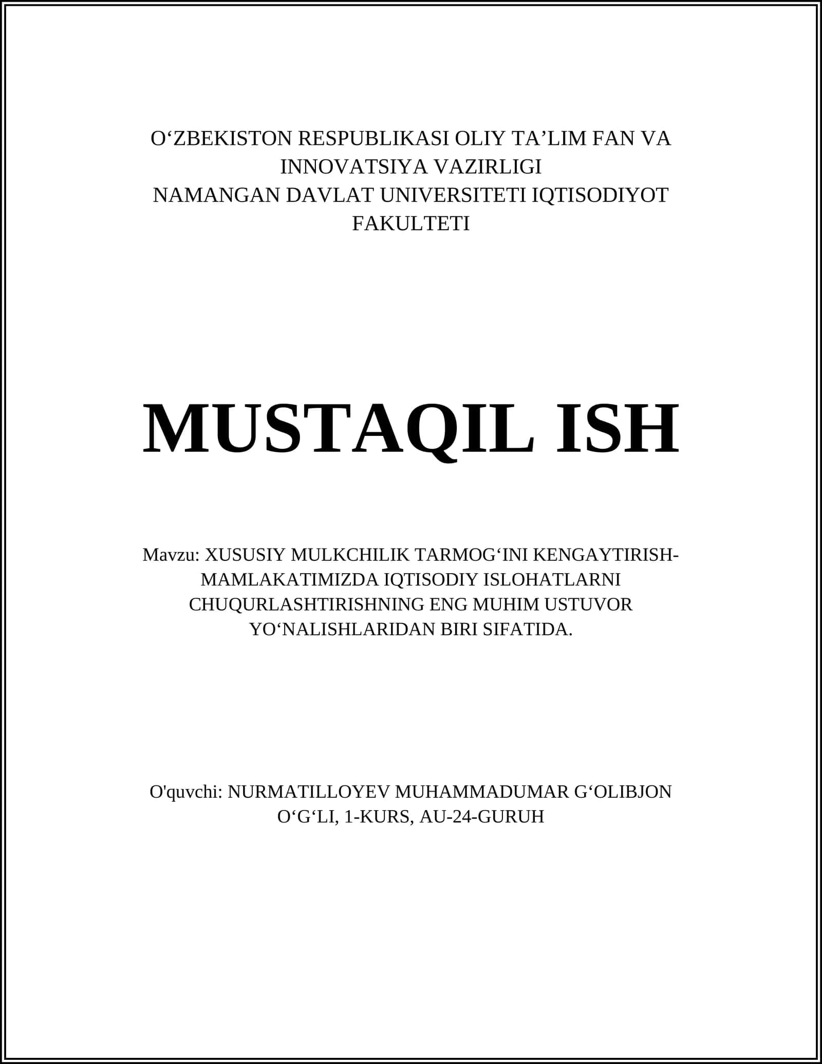XUSUSIY MULKCHILIK TARMOGʻINI KENGAYTIRISH-MAMLAKATIMIZDA IQTISODIY ISLOHATLARNI CHUQURLASHTIRISHNING ENG MUHIM USTUVOR YOʻNALISHLARIDAN BIRI