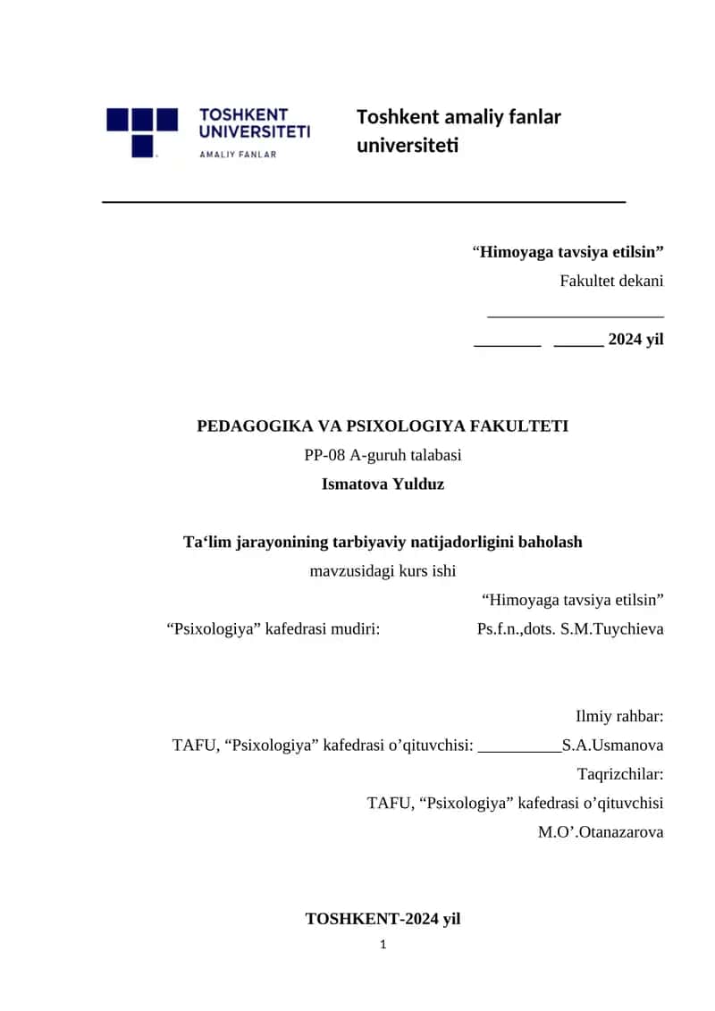 Ta‘lim jarayonining tarbiyaviy natijadorligini baholash