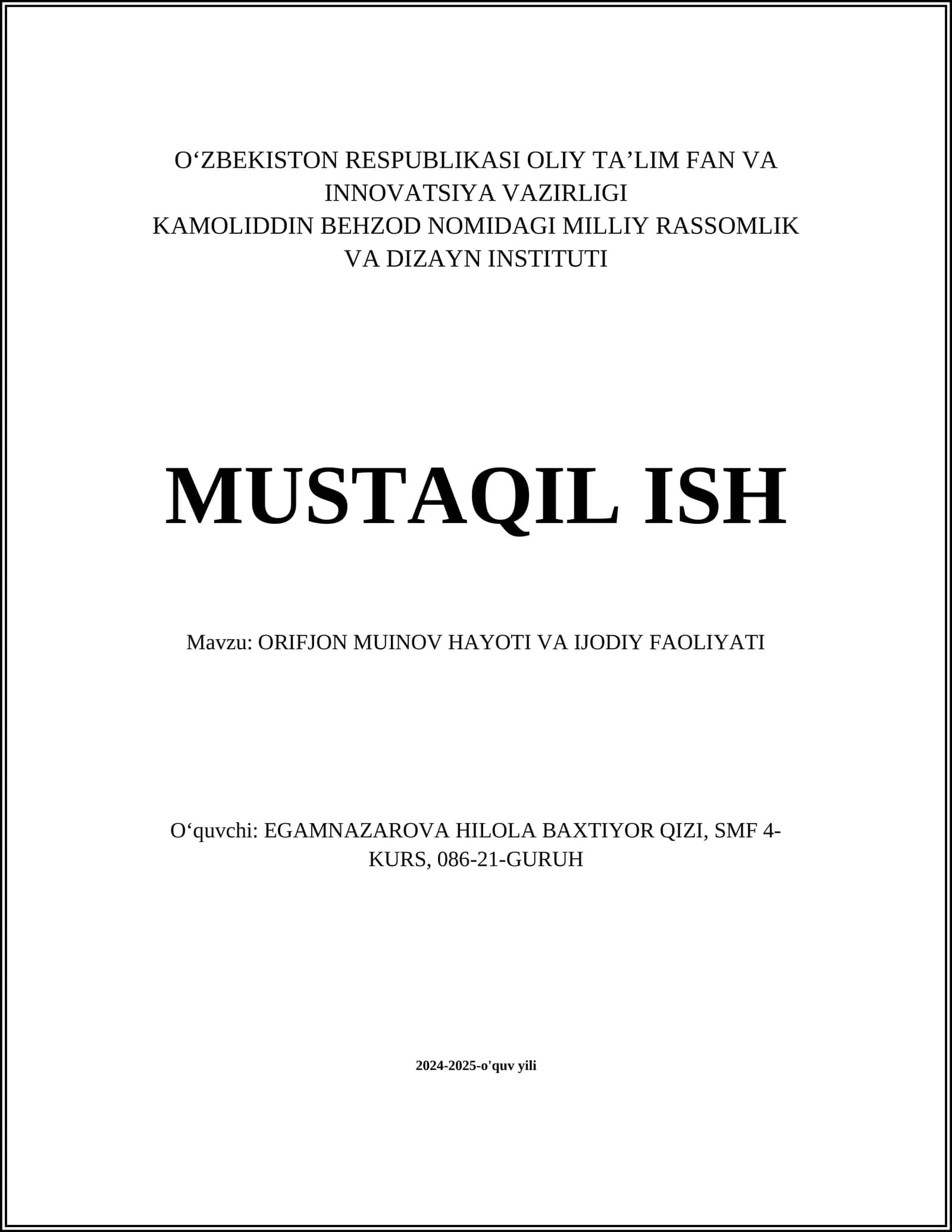ORIFJON MUINOV HAYOTI VA IJODIY FAOLIYATI