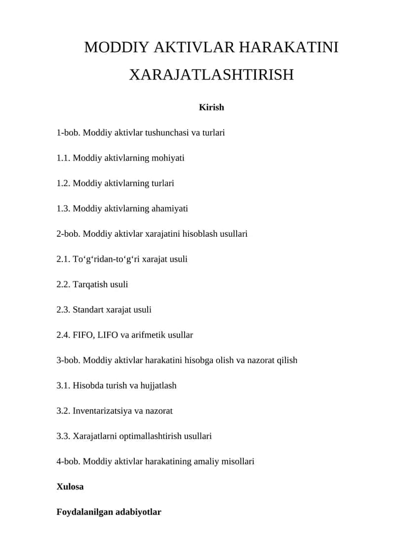 Moddiy aktivlar harakatini xarajatlashtirish