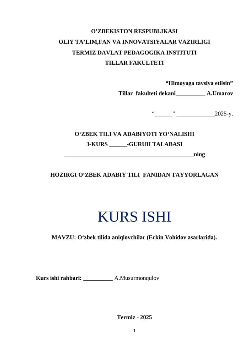 Oʻzbek tilida aniqlovchilar (Erkin Vohidov asarlarida).