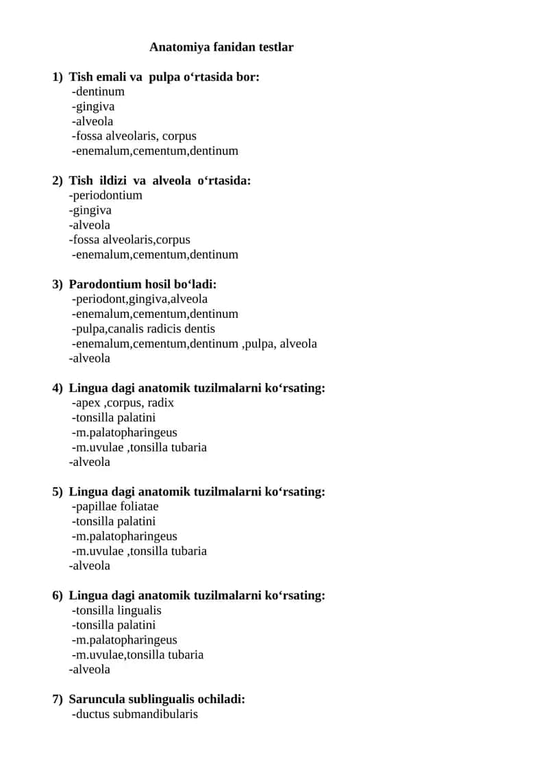 Anatomiya fanidan testlar