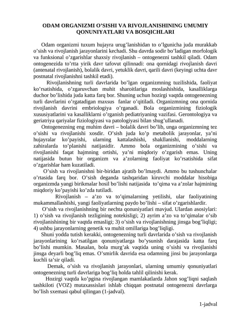 ODAM ORGANIZMI O’SISHI VA RIVOJLANISHINING UMUMIY QONUNIYATLARI VA BOSQICHLARI