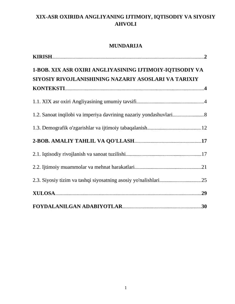 XIX-ASR OXIRIDA ANGLIYANING IJTIMOIY, IQTISODIY VA SIYOSIY AHVOLI