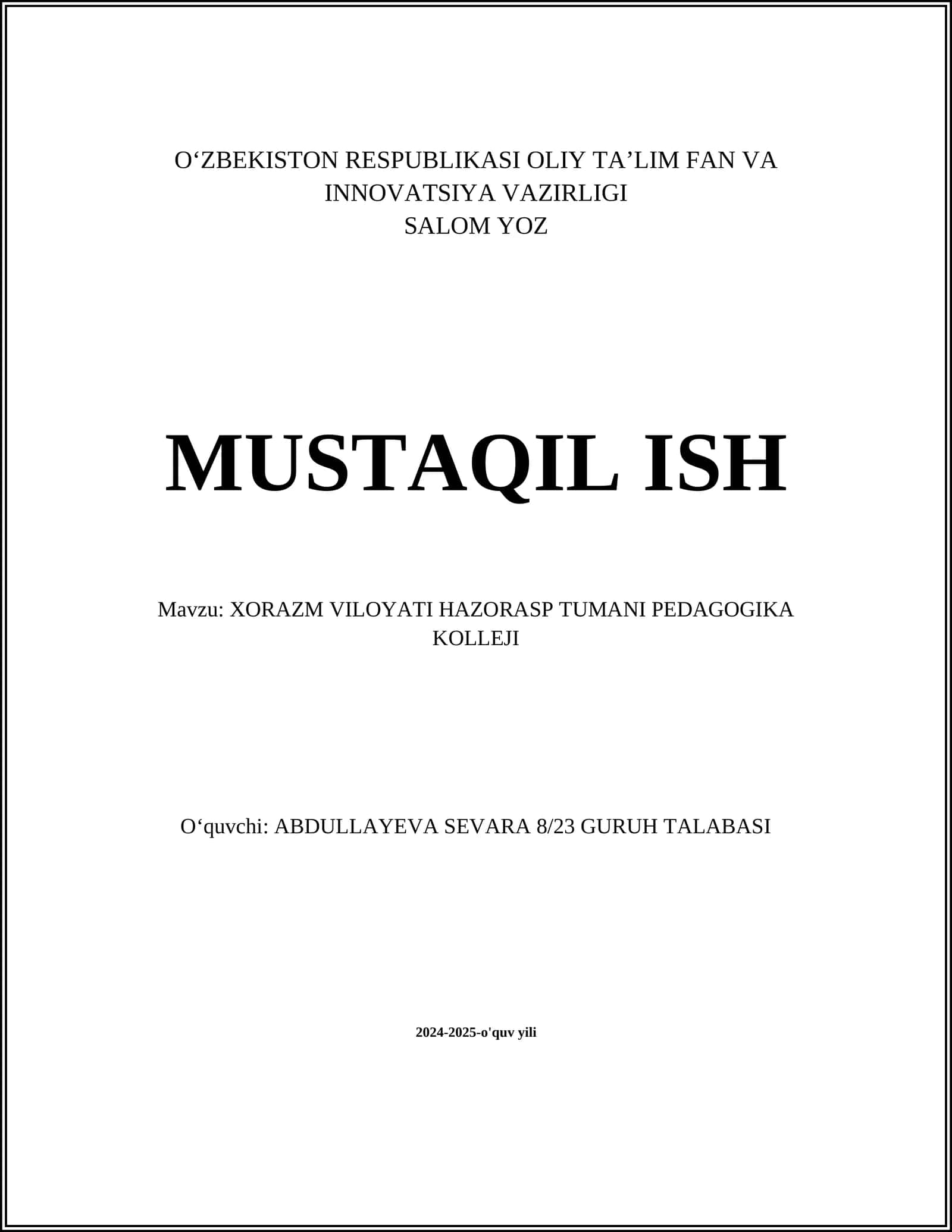 Hazorasp Tumani Pedagogika Kolleji Tarixi