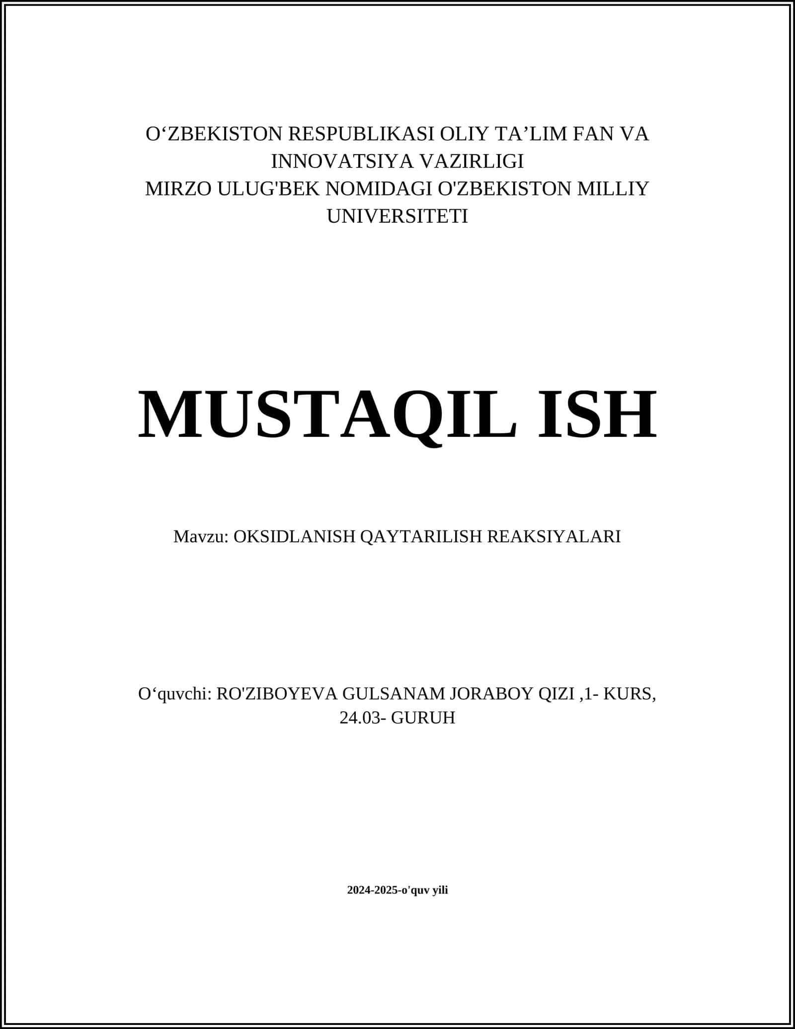 OKSIDLANISH QAYTARILISH REAKSIYALARI