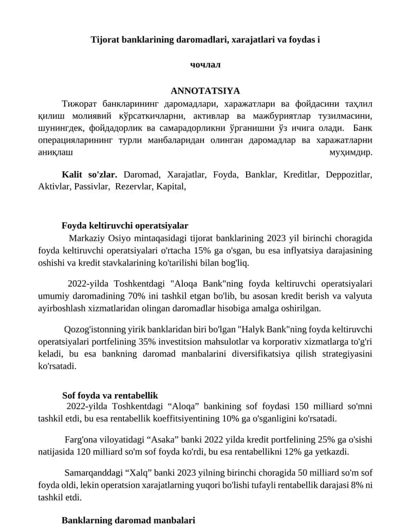 Tijorat banklarining daromadlari, xarajatlari va foydasini tahlil qilish