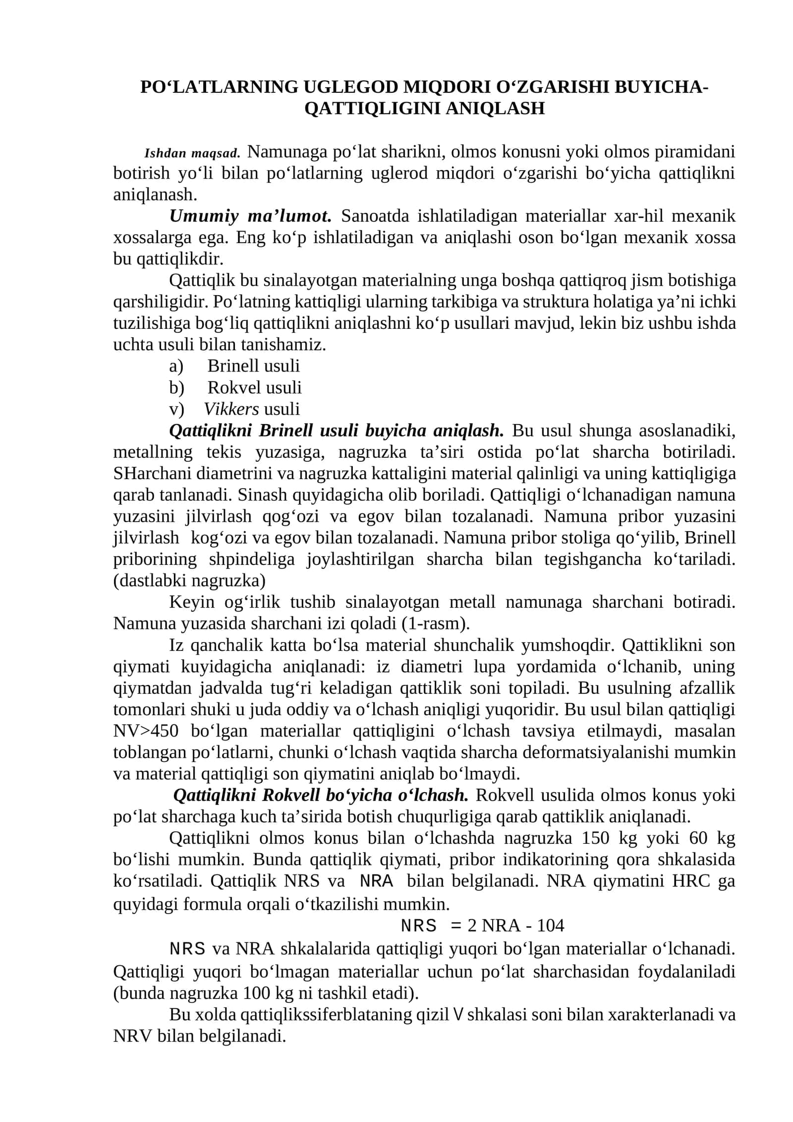 Po‘latlarning Uglegod Miqdori O‘zgarishi Buyicha-Qattiqlikni Aniqlash