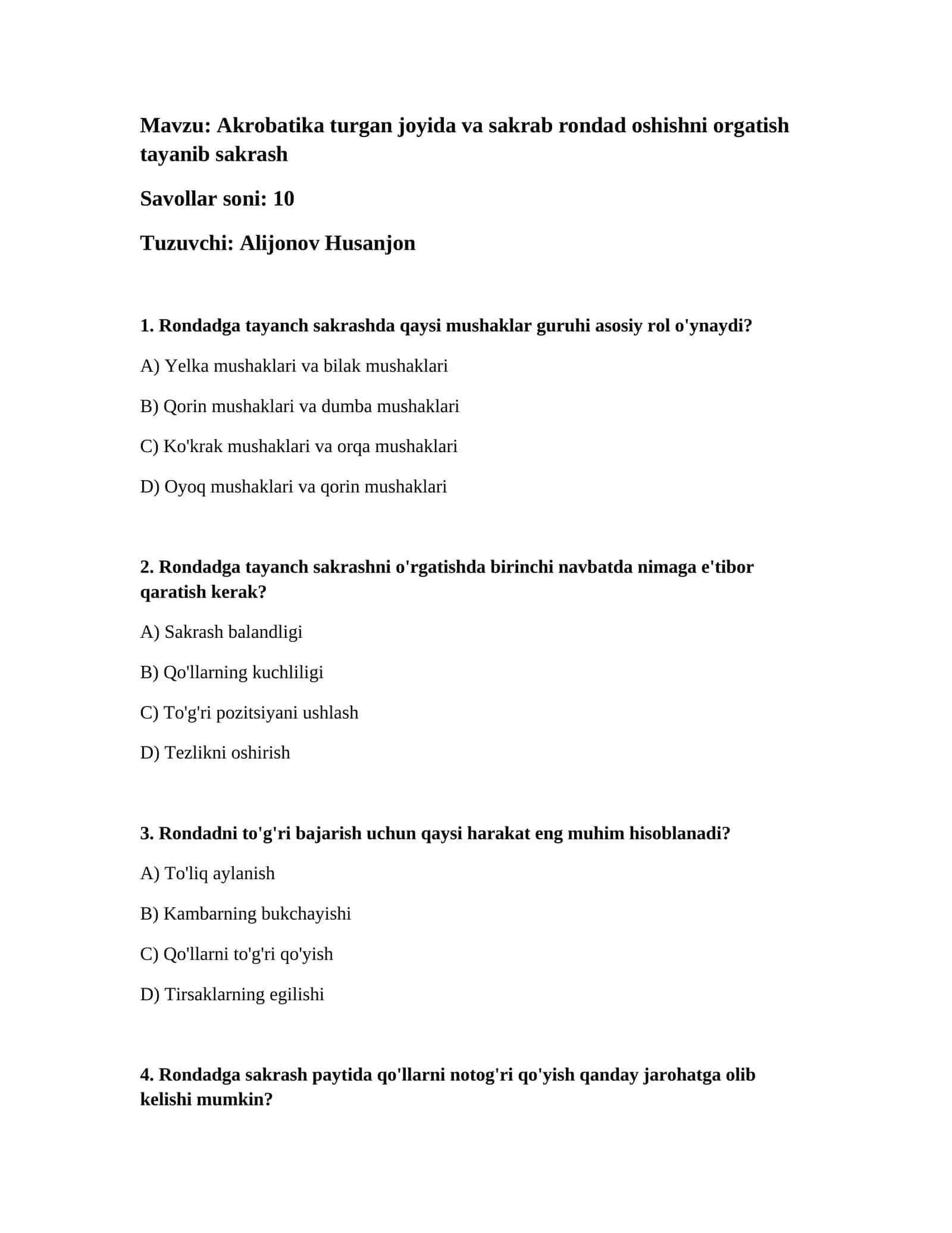 Akrobatika turgan joyida va sakrab rondad oshishni orgatish tayanib sakrash