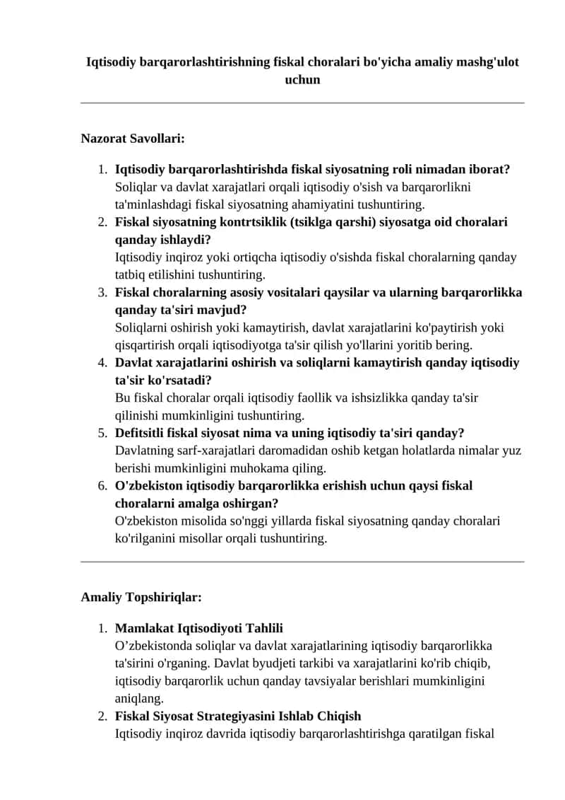 Iqtisodiy barqarorlashtirishning fiskal choralari