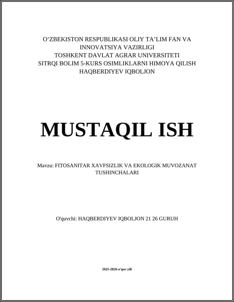 FITOSANITAR XAVFSIZLIK VA EKOLOGIK MUVOZANAT TUSHINCHALARI