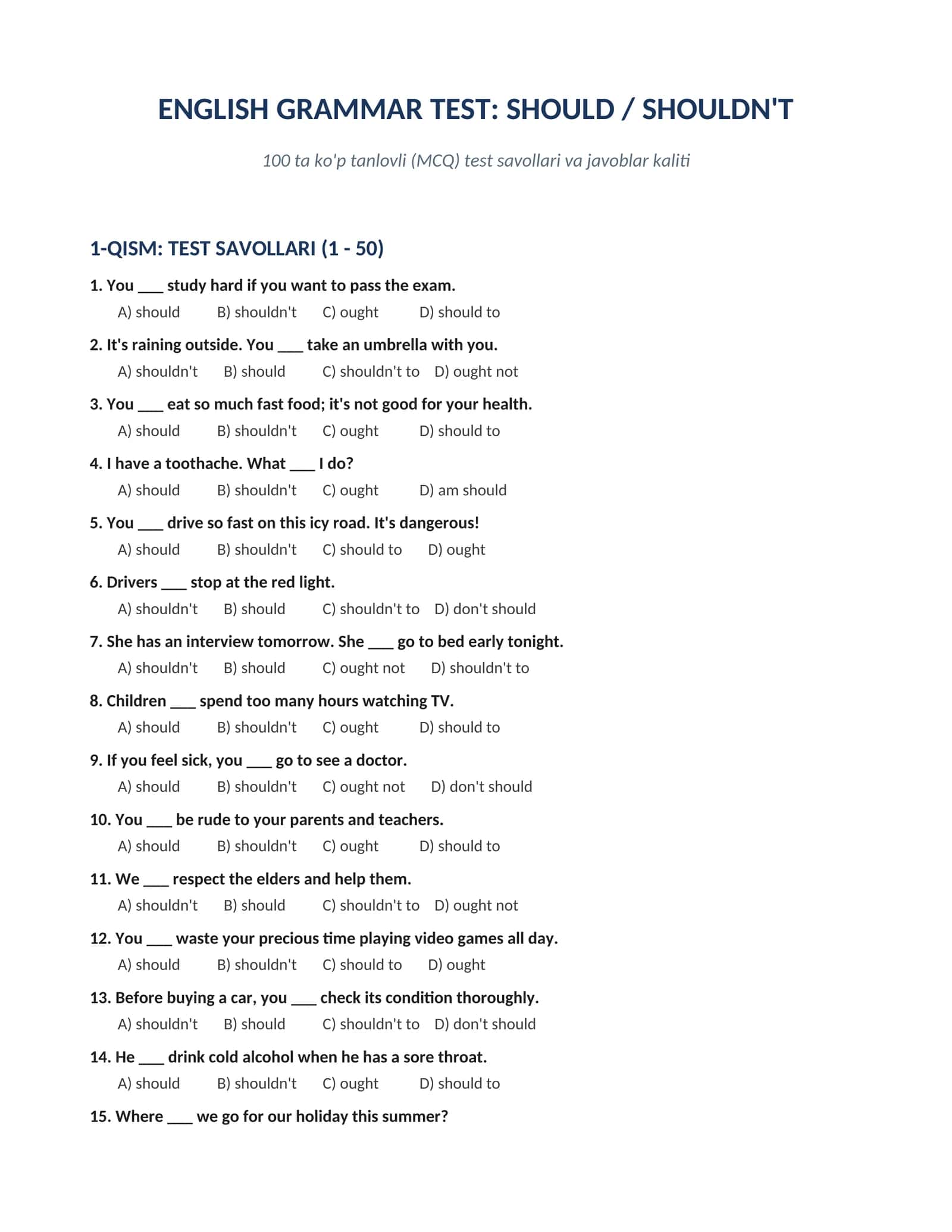 ENGLISH GRAMMAR TEST: SHOULD / SHOULDN'T 100 ta ko'p tanlovli test savollari va javoblar kaliti