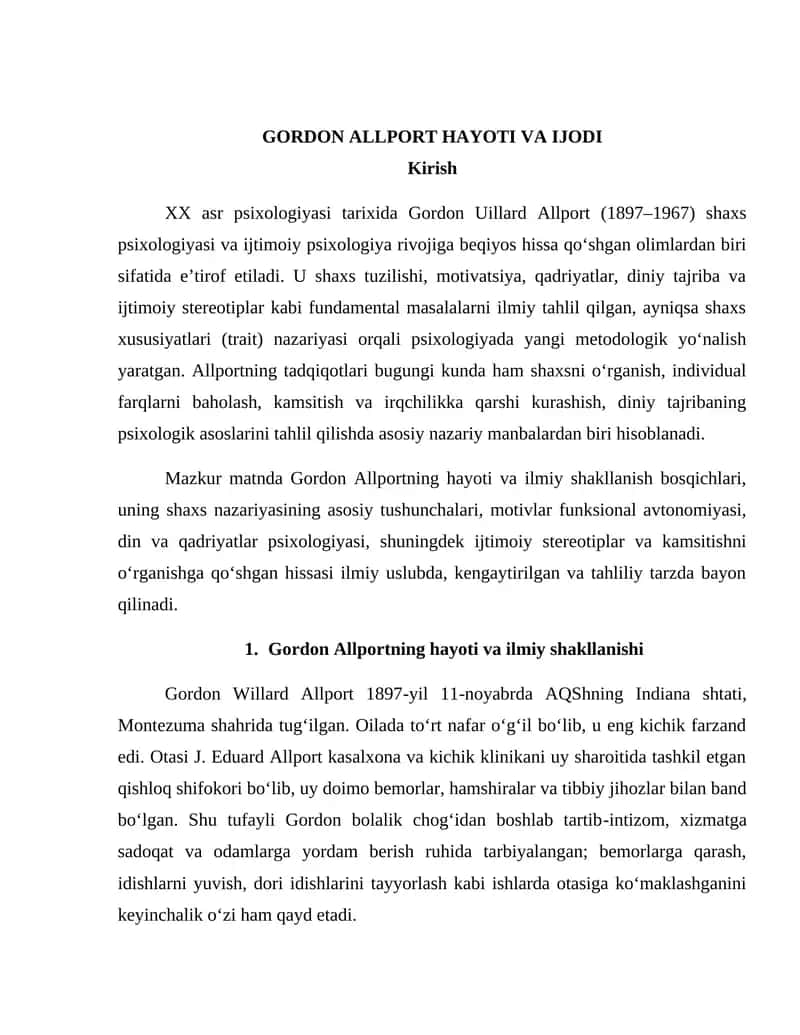 GORDON ALLPORT HAYOTI VA IJODI