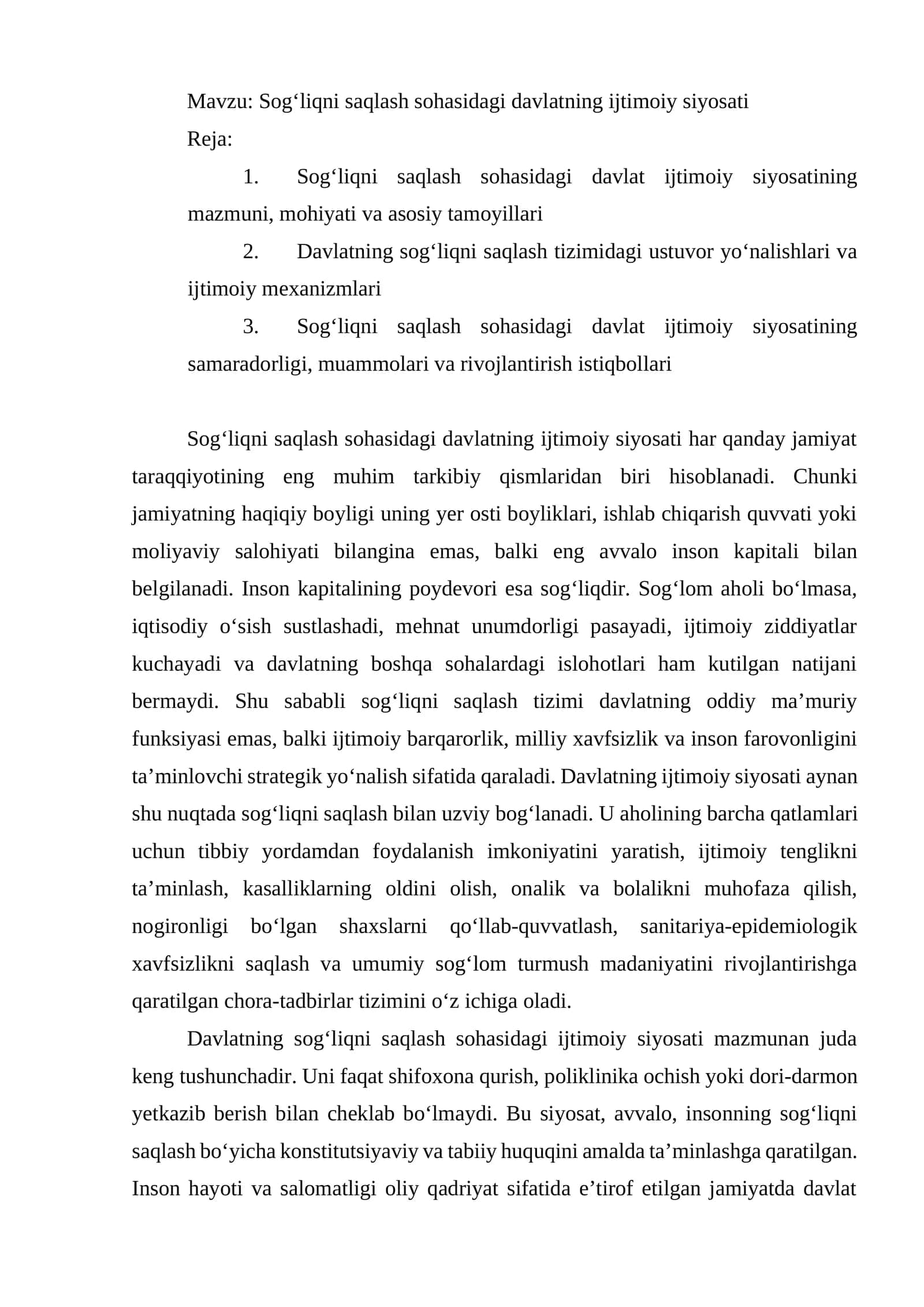 Sog‘liqni saqlash sohasidagi davlatning ijtimoiy siyosati