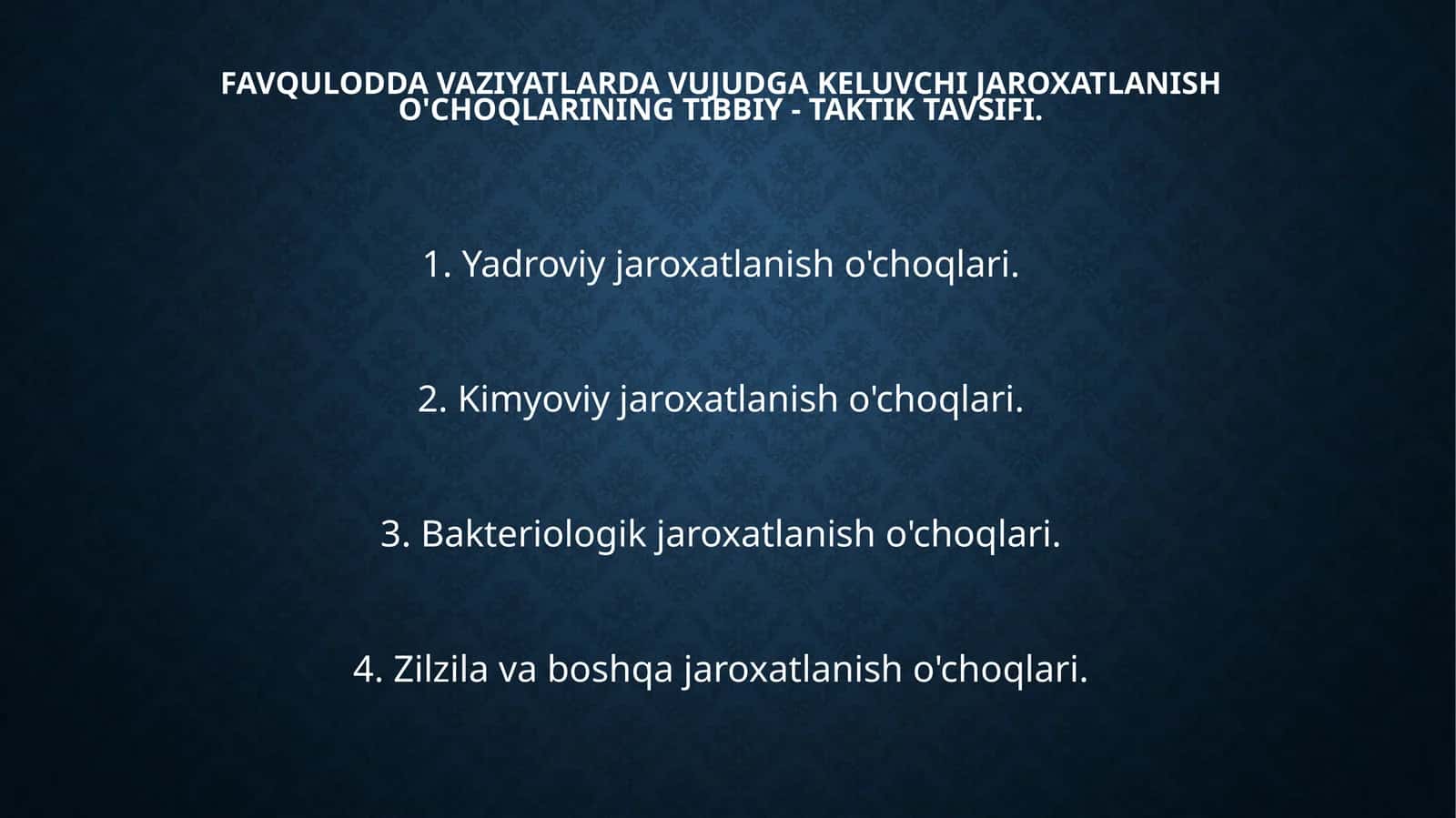 Favquloddavaziyatlardavujudgakeluvchijaroxatlanisho'choqlariningtibbiy-taktiktavsifi