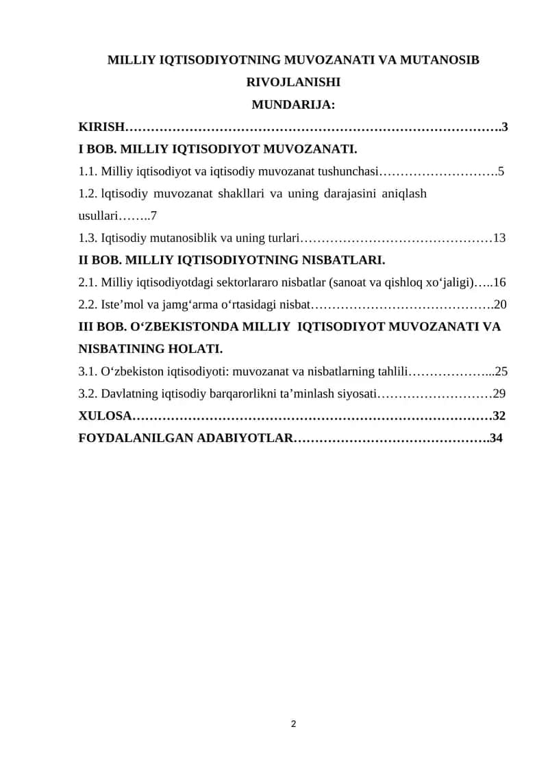 MILLIY IQTISODIYOTNING MUVOZANATI VA MUTANOSIB RIVOJLANISHI