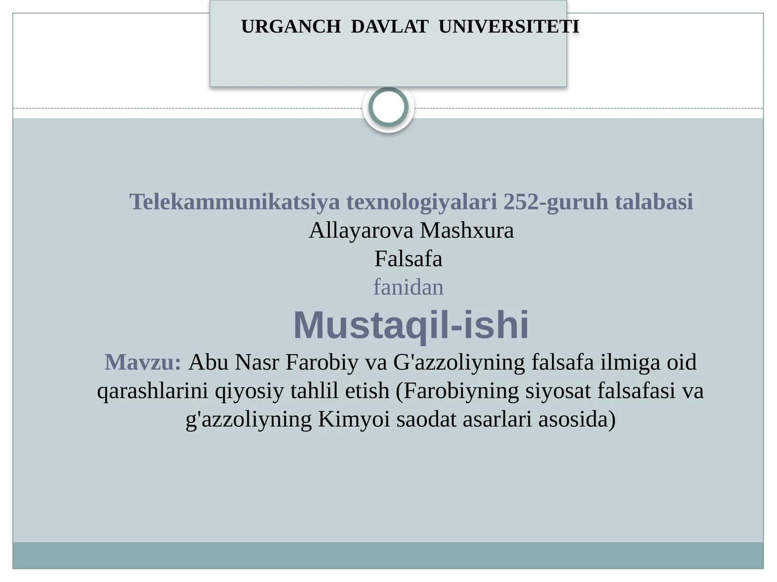 Abu Nasr Farobiy va G'azzoliyning falsafa ilmiga oid qarashlarini qiyosiy tahliletish (Farobiyning Siyosat falsafasi va G'azzoliyning Kimyo is'odati asarlarida)