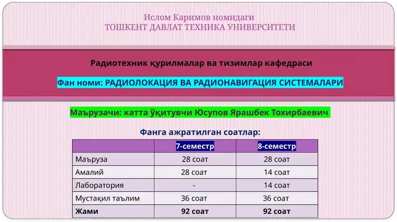 РАДИОЛОКАЦИЯ ВА РАДИОНАВИГАЦИЯ СИСТЕМАЛАРИ