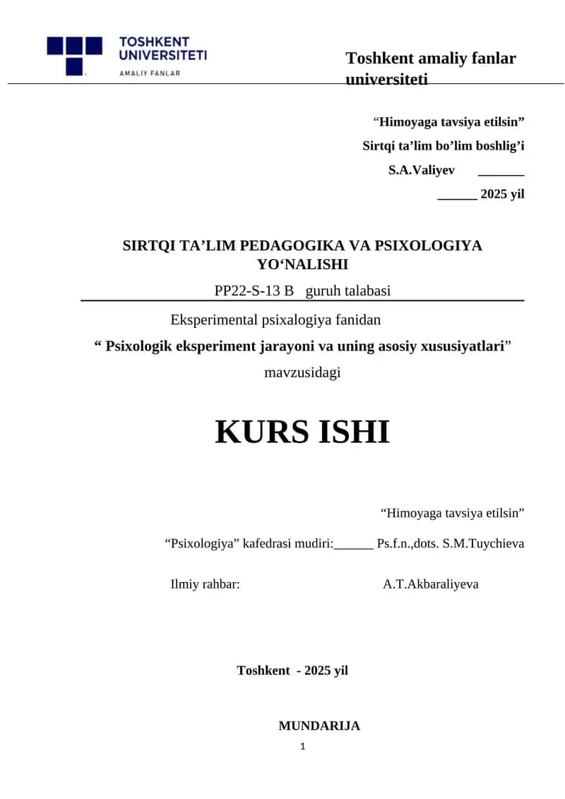 Psixologik eksperiment jarayoni va uning asosiy xususiyatlari