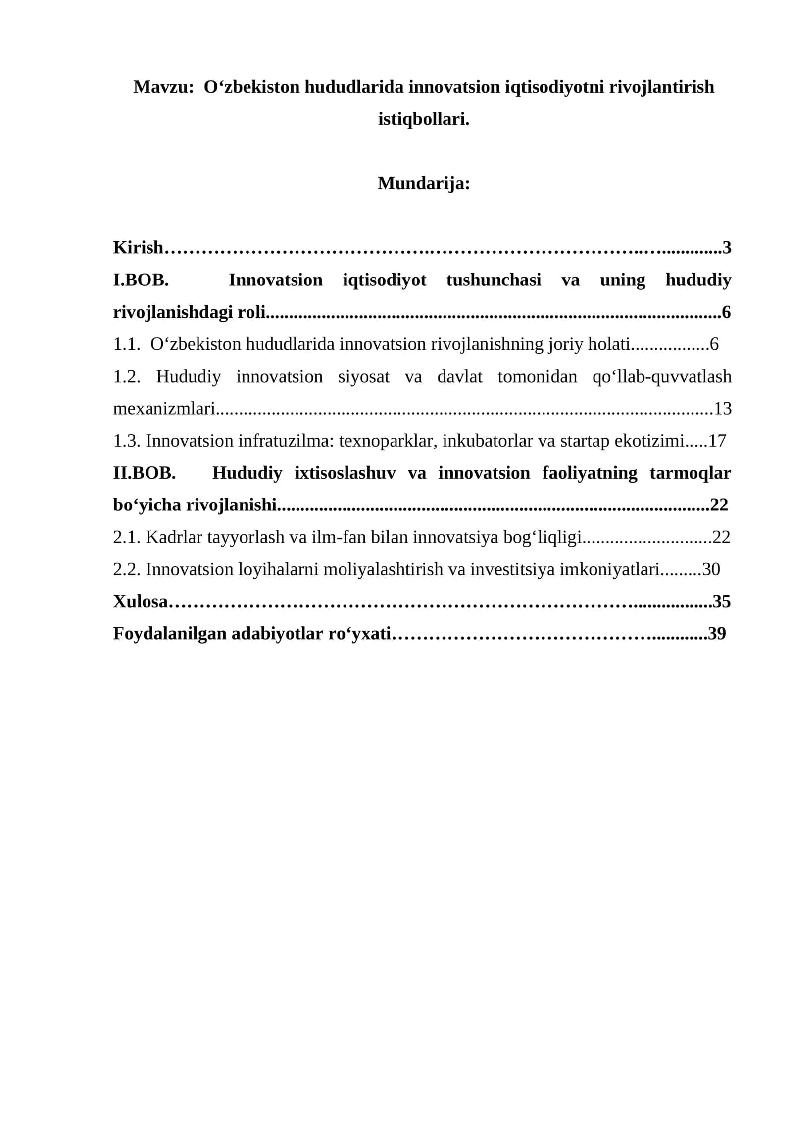 O‘zbekiston hududlarida innovatsion iqtisodiyotni rivojlantirish istiqbollari