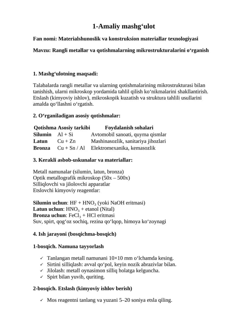 Materialshunoslik va konstruksion materiallar texnologiyasi
