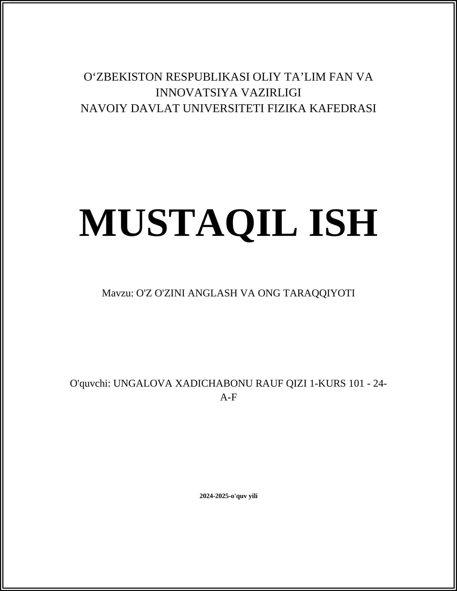 O'Z O'ZINI ANGLASH VA ONG TARAQQIYOTI