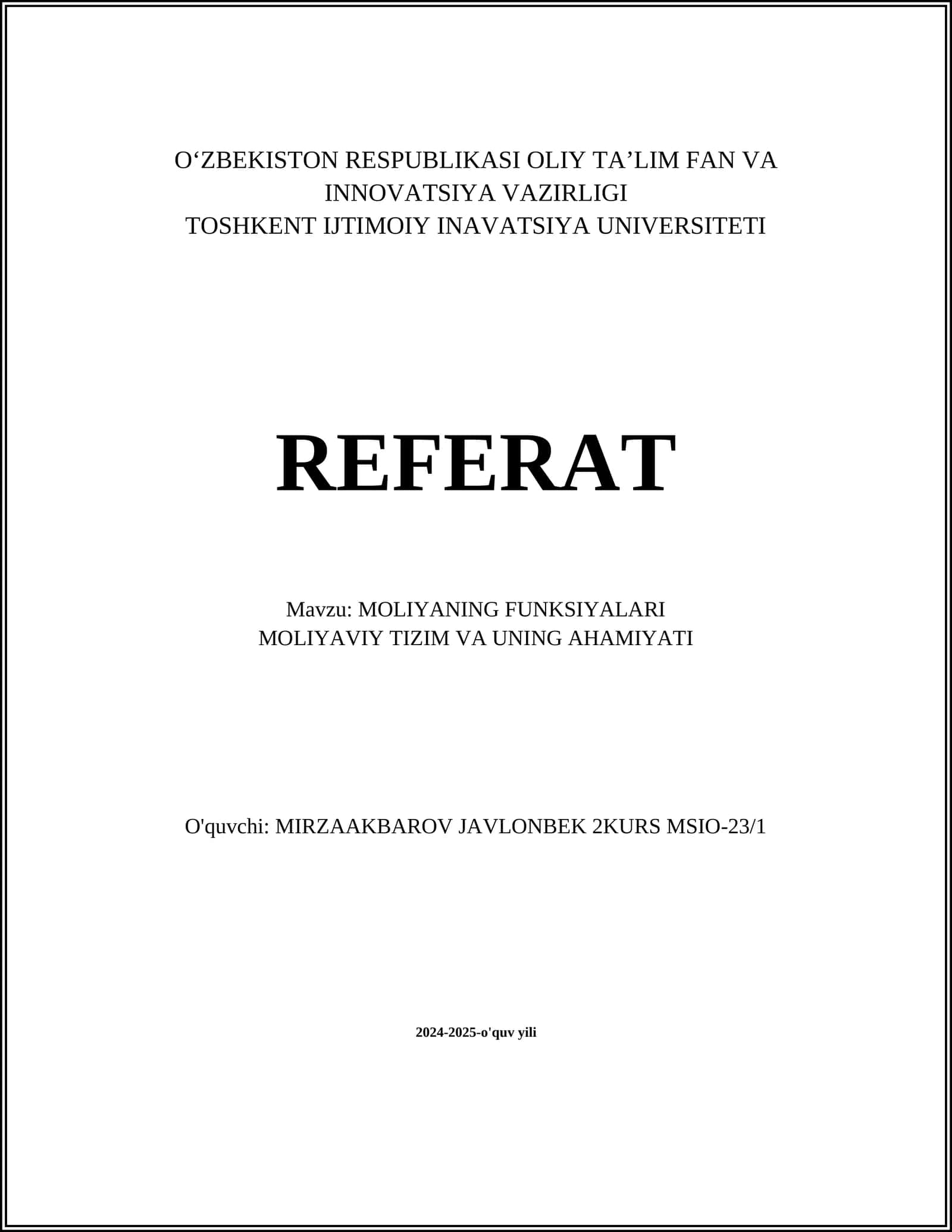 MOLIYANING FUNKSIYALARI