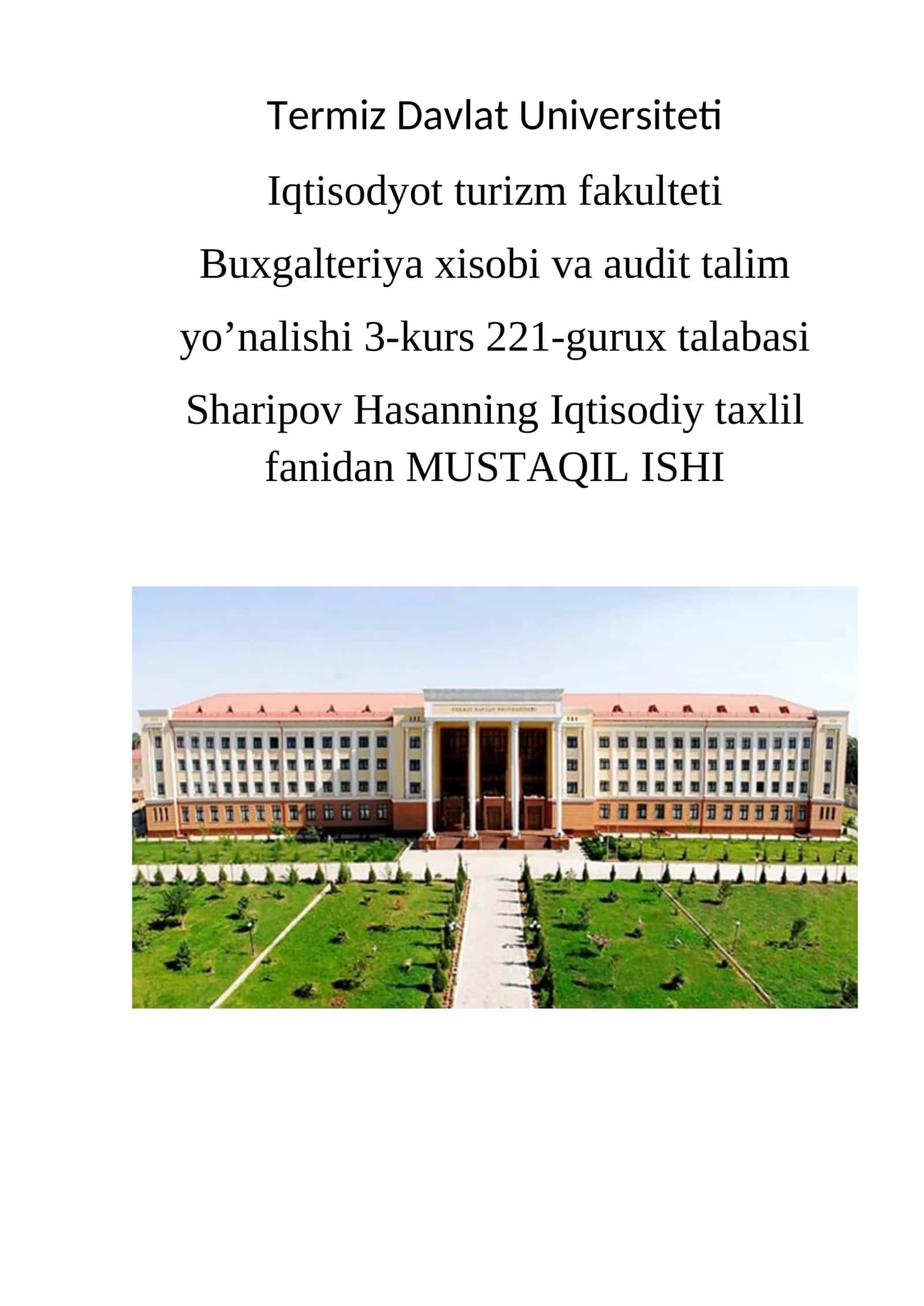 Sharipov Hasanning Iqtisodiy taxlil fanidan MUSTAQIL ISHI