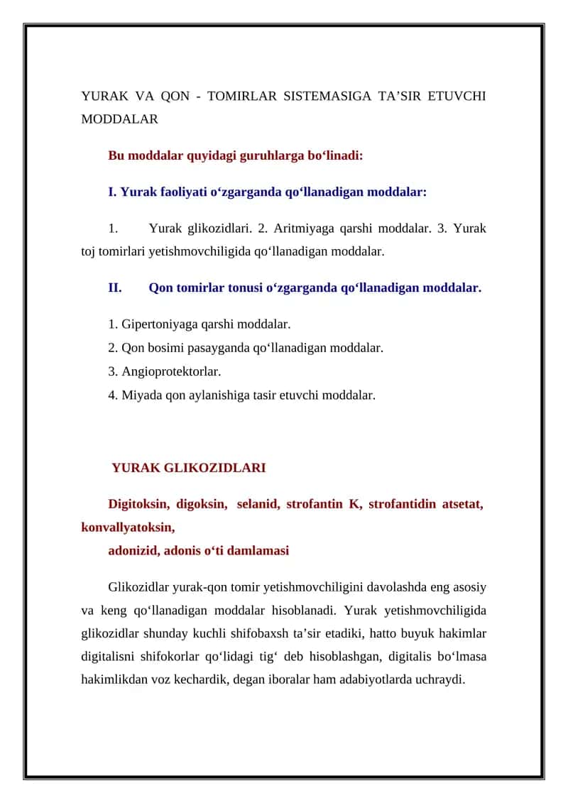 YURAK VA QON - TOMIRLAR SISTEMASIGA TA’SIR ETUVCHI MODDALAR