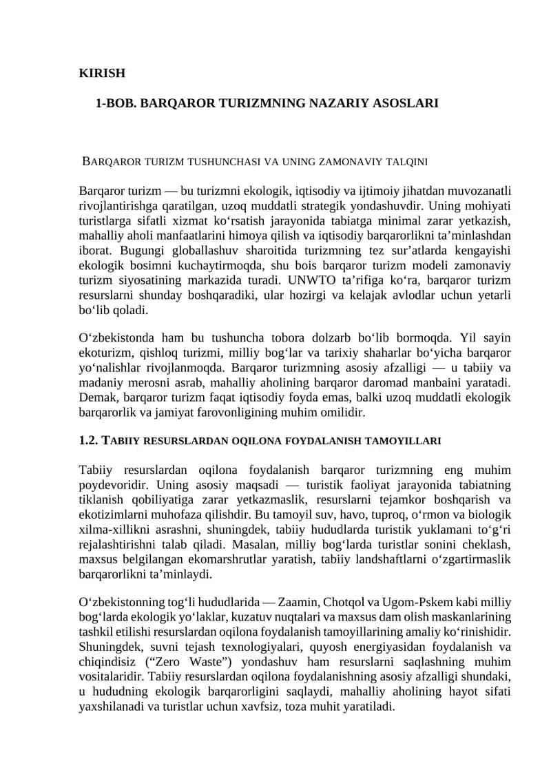 Barqaror turizmning nazariy asoslari
