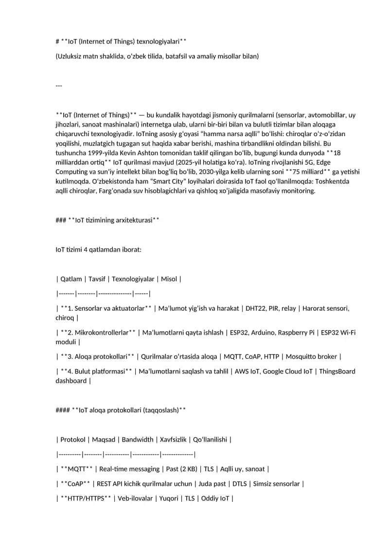 IoT (Internet of Things) texnologiyalari
