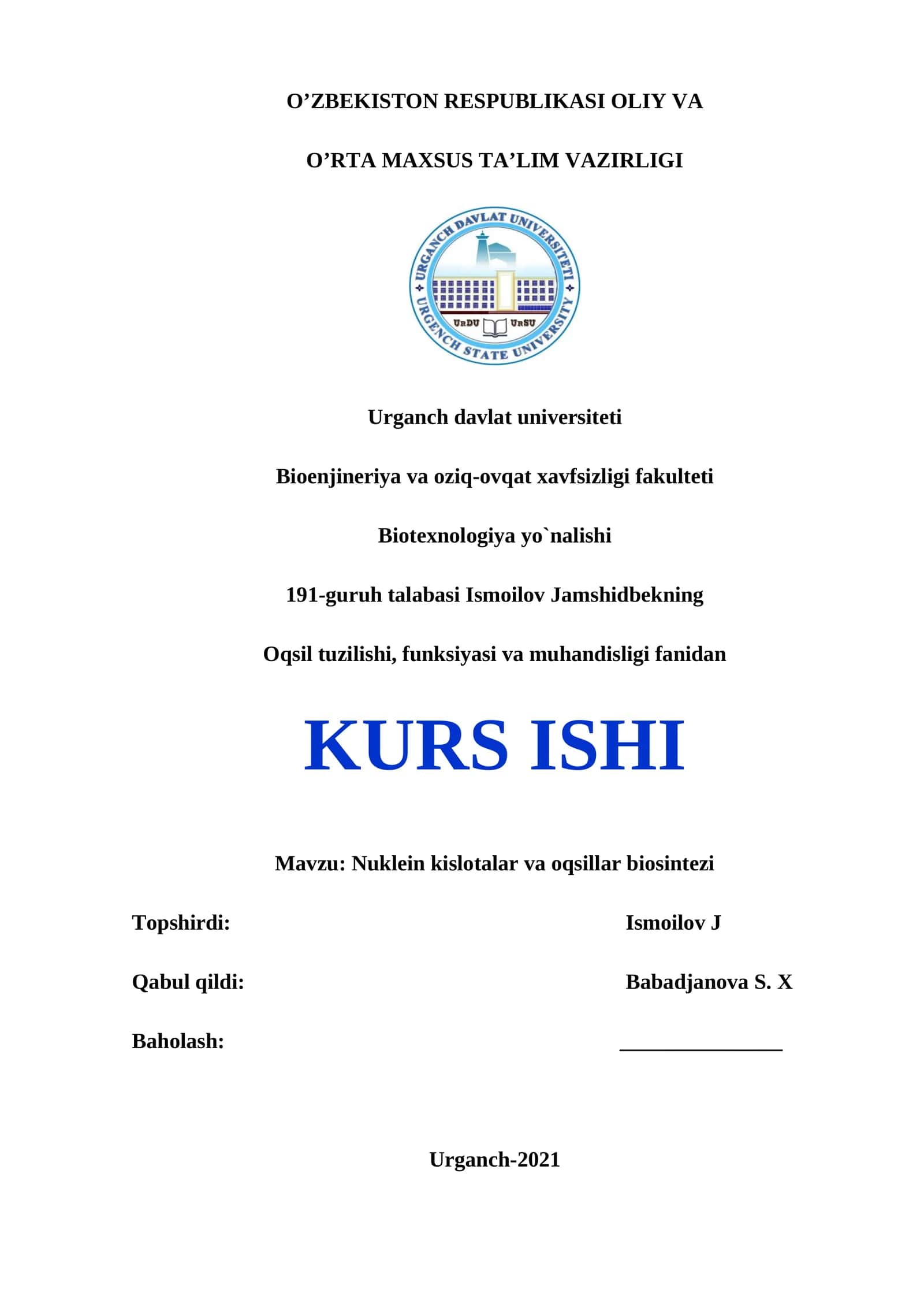Nuklein kislotalar va oqsillar biosintezi KURS ISHI