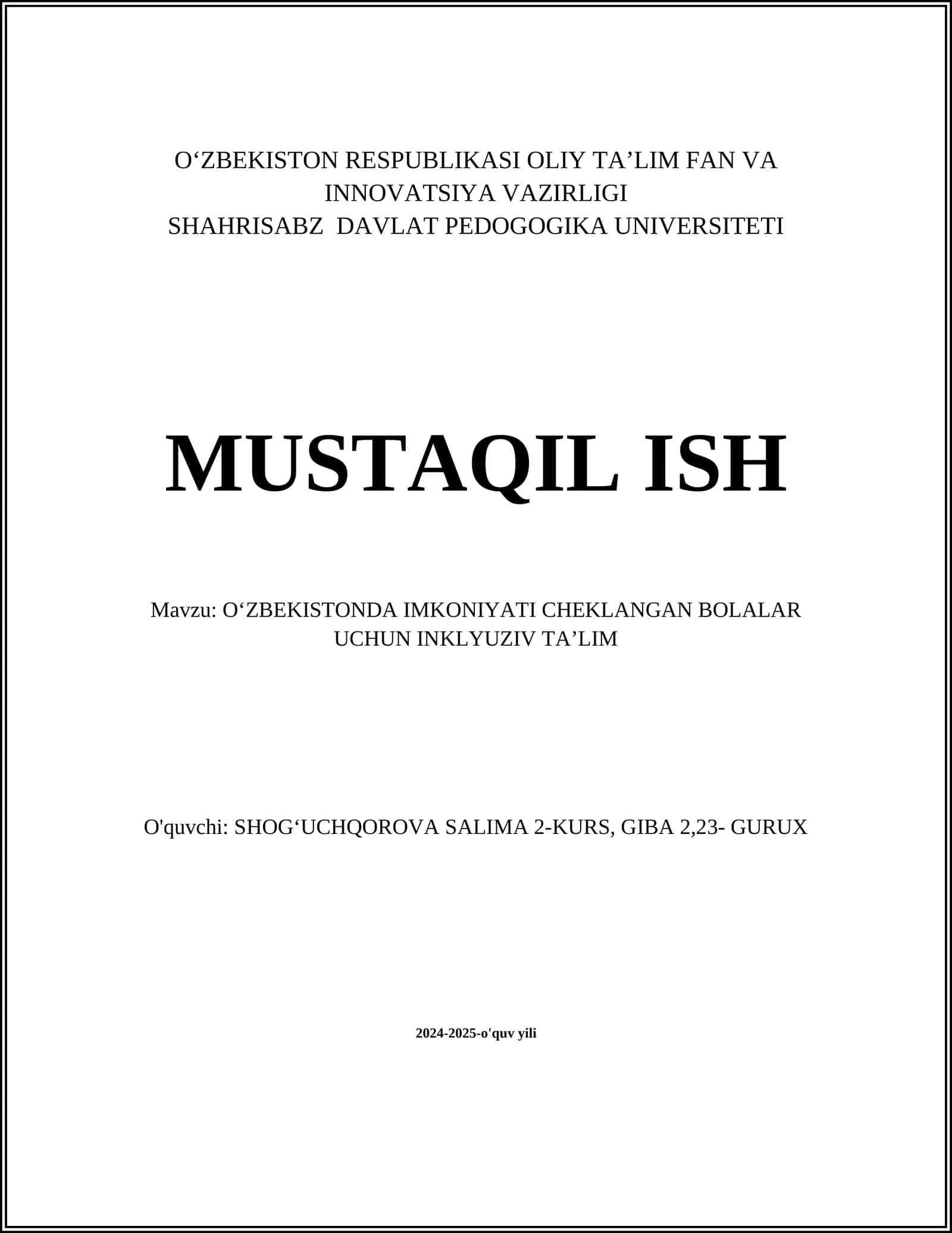 OʻZBEKISTONDA IMKONIYATI CHEKLANGAN BOLALAR UCHUN INKLYUZIV TAʼLIM