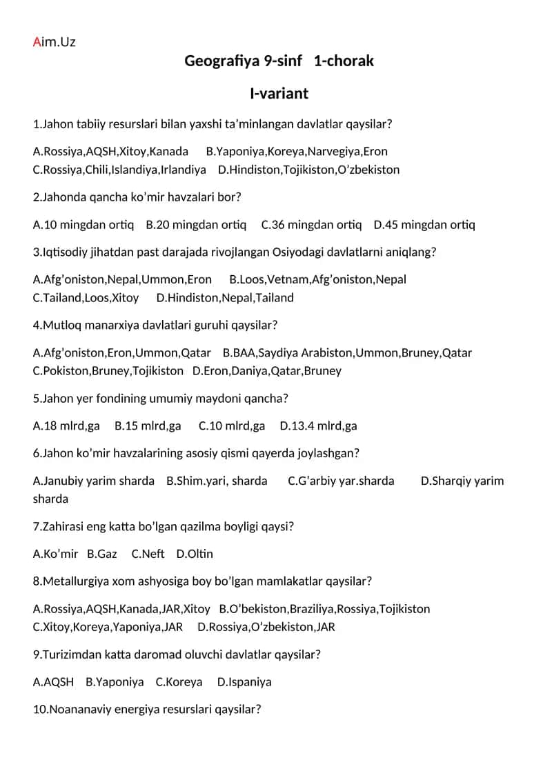 Geografiya 9-sinf 1-chorak I-variant