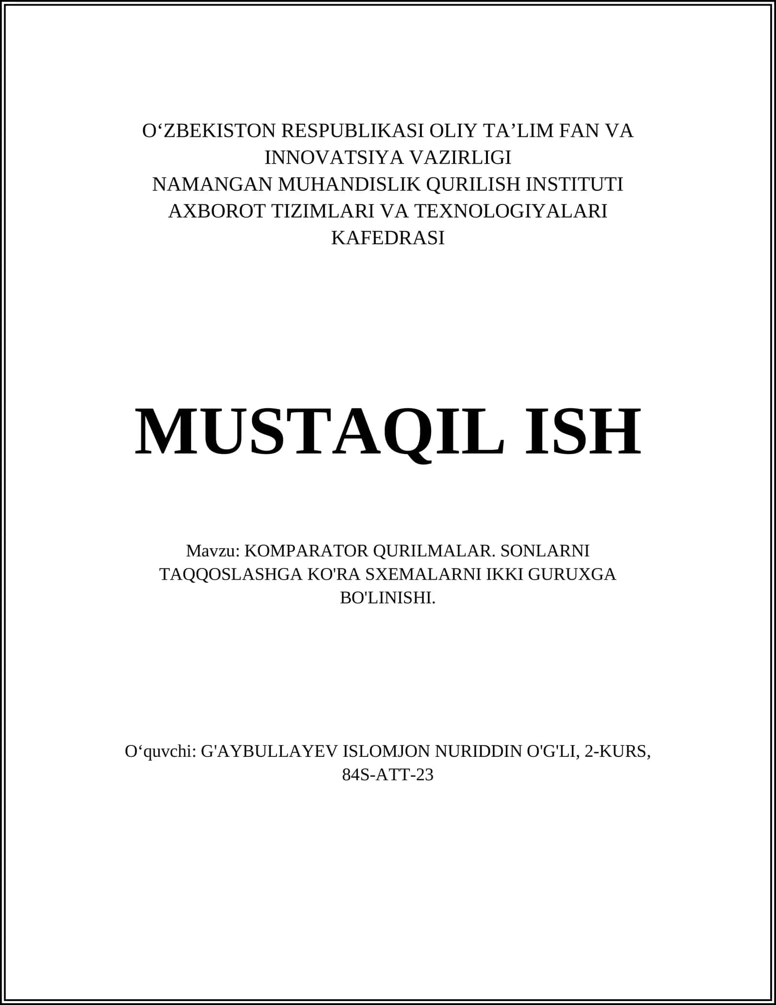 KOMPARATOR QURILMALAR. SONLARNI TAQQOSLASHGA KO'RA SXEMALARNI IKKI GURUXGA BO'LINISHI