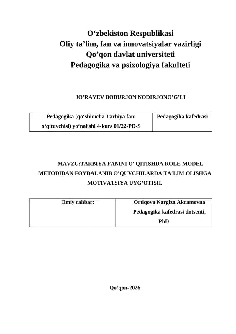 :TARBIYA FANINI O' QITISHDA ROLE-MODEL METODIDAN FOYDALANIB O’QUVCHILARDA TA’LIM OLISHGA MOTIVATSIYA UYG’OTISH.
