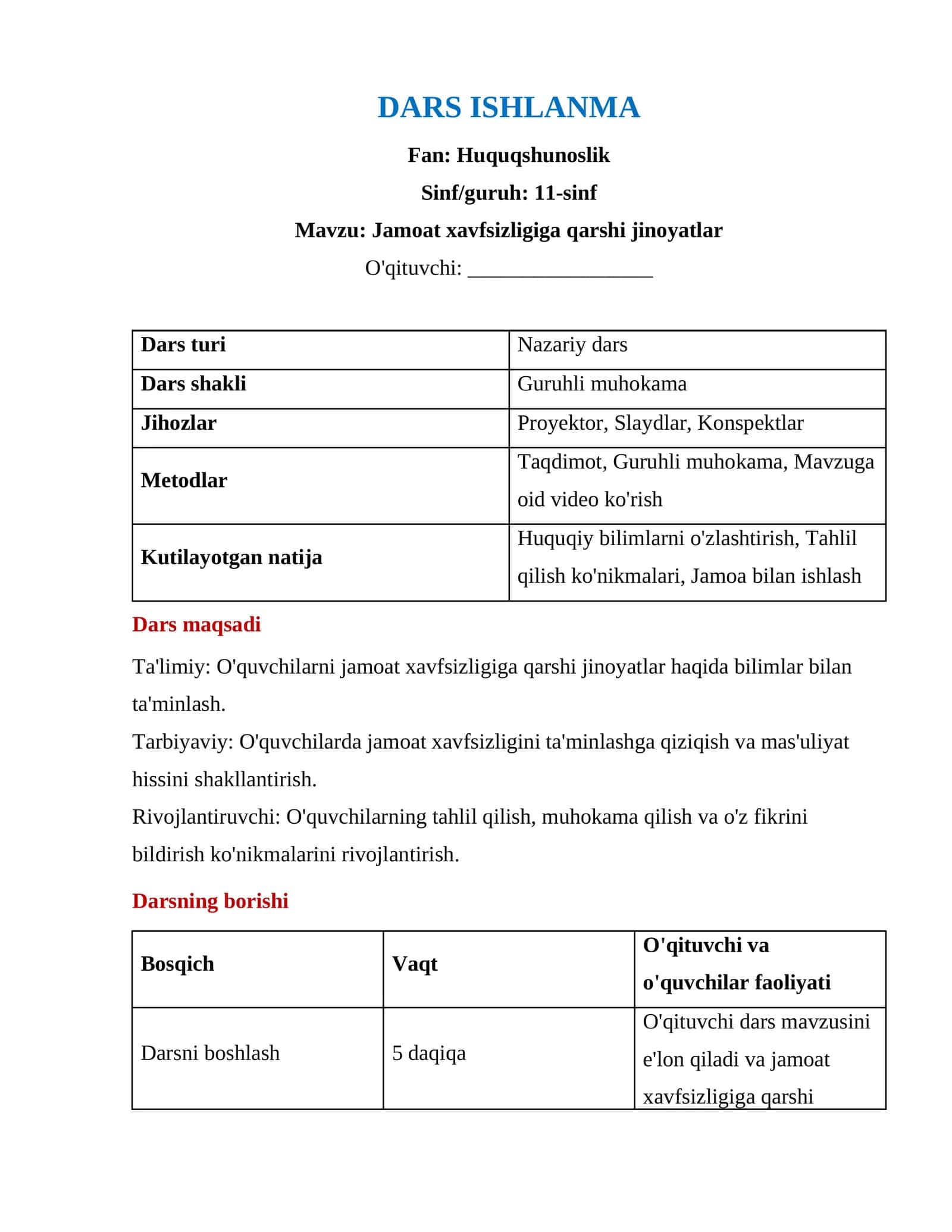 Jamoat xavfsizligiga qarshi jinoyatlar (Dars ishlanma)